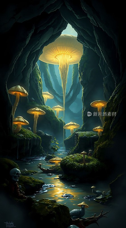 神秘洞穴中的发光蘑菇