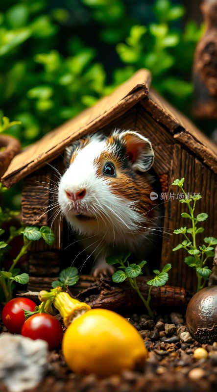 仓鼠探出头小屋旁有蔬菜和植物