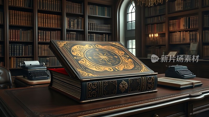 古董书架上的华丽书籍