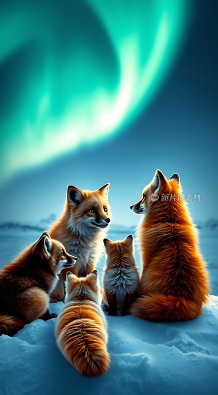 北极光下的狐狸家族
