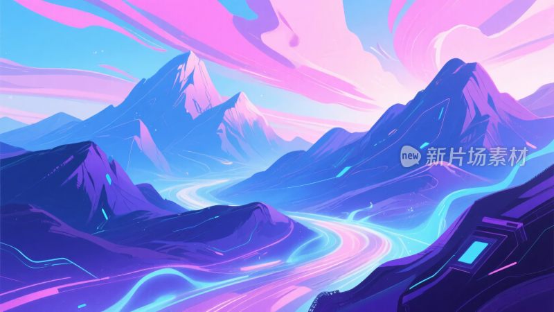 梦幻绚丽的山间道路插画