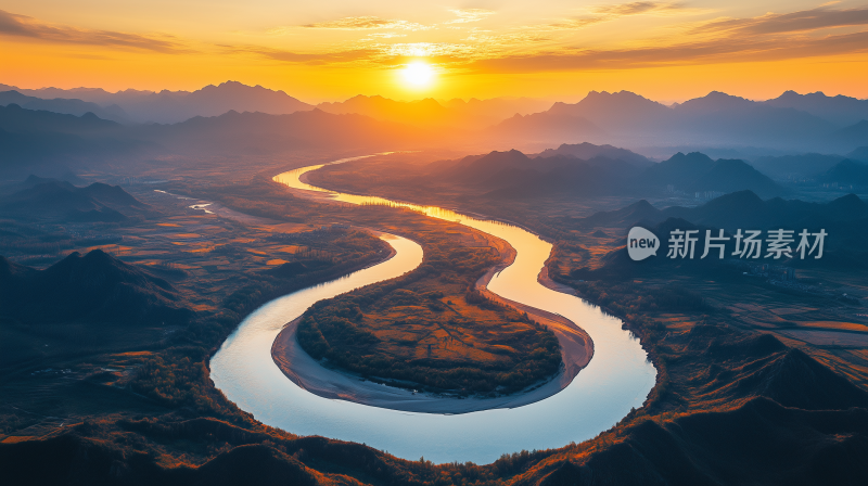 黄河7蜿蜒河流与金色晨曦