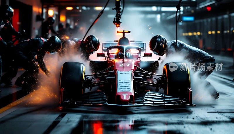 红黑赛车高速驶过维修区火花四溅车手专注驾驶