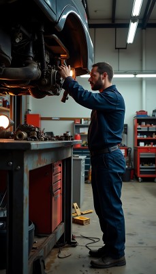 修车工人在车间里专注地检查汽车底盘