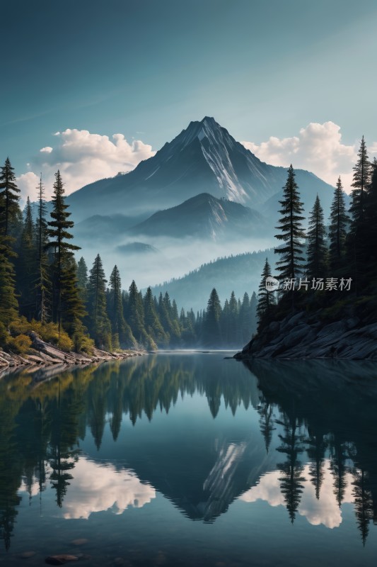 山和树倒映在前景的湖泊中高清风景图片