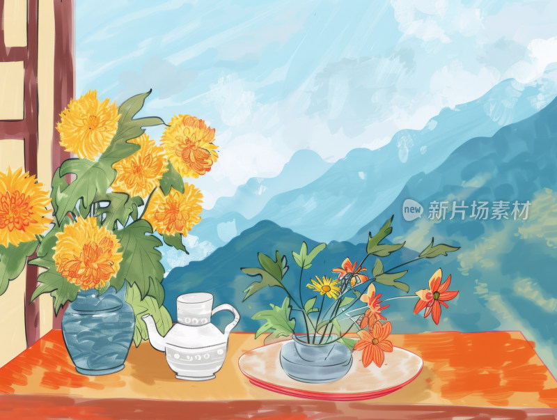 山间菊花酒壶重阳节国风插画