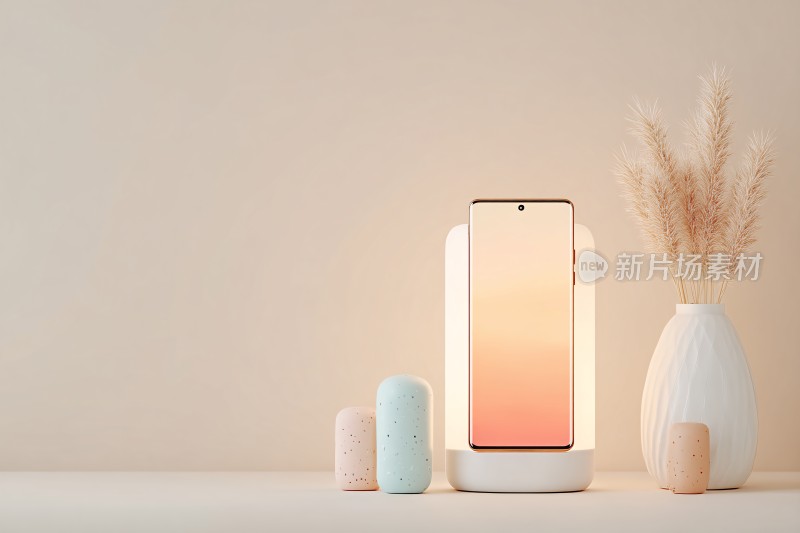 简约风手机与装饰摆件静物图