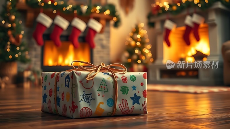 圣诞礼物与壁炉温馨场景