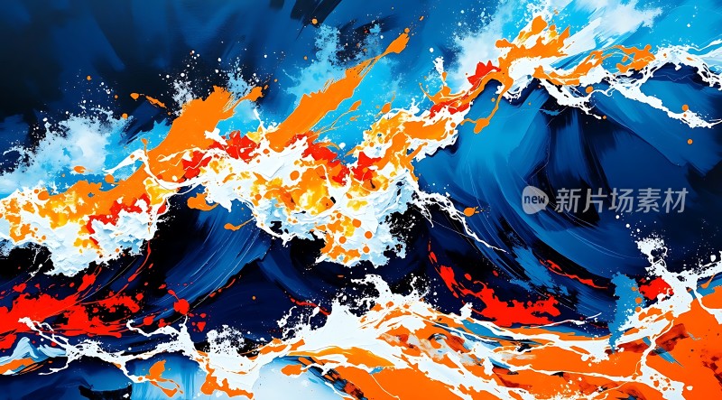 蓝色海洋与橙色浪花的碰撞