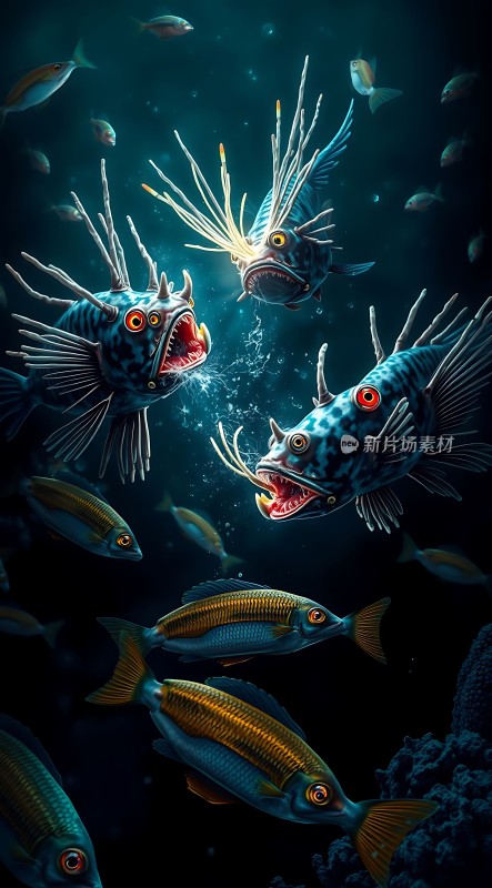 深海怪鱼光影交织的海底世界