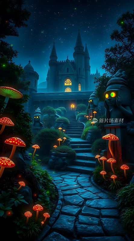 夜幕下的神秘城堡与奇幻森林
