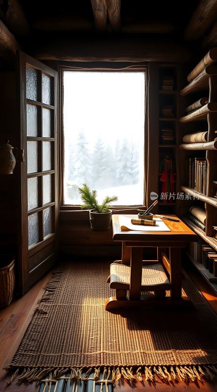 阳光下的木屋书房