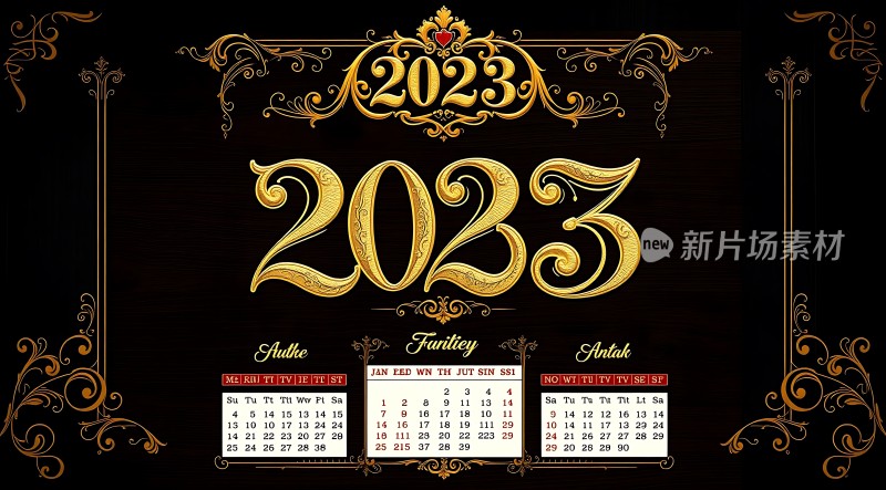 2023年日历金色花纹装饰简约大气