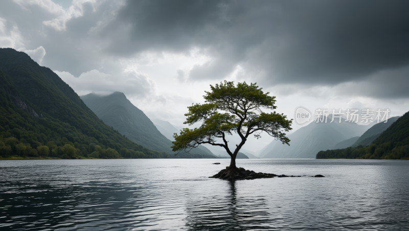 湖中央的一棵树高清风景图片