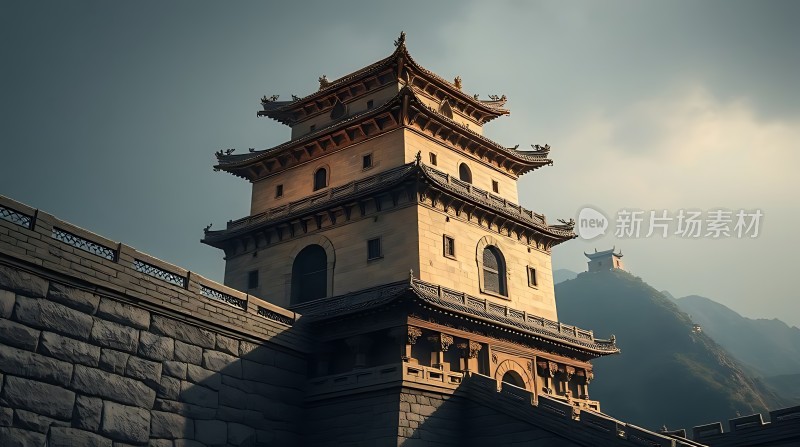 古塔巍峨耸立城墙石砌坚固山峦起伏延绵