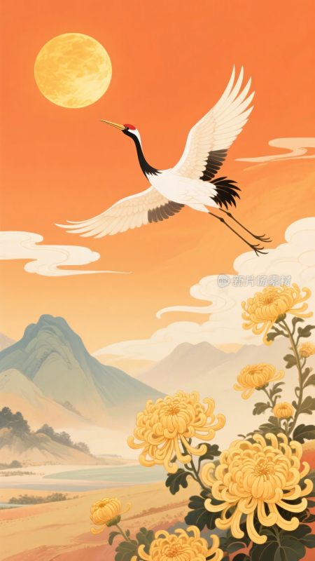飞鹤伴月与菊的中式图景