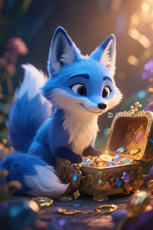 卡通蓝狐看宝箱