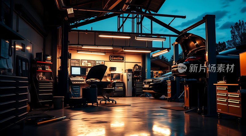 汽车维修车间夜景
