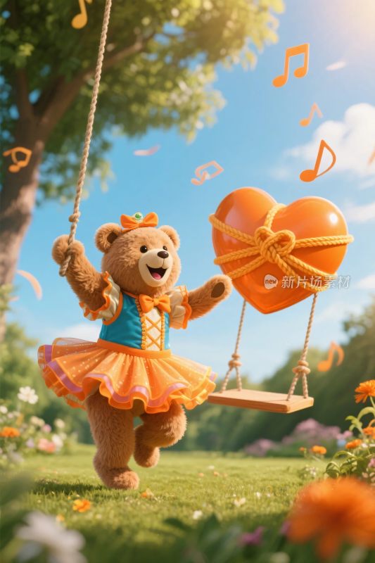 小熊在户外快乐荡秋千