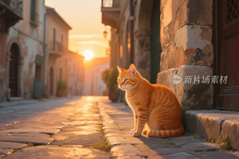 夕阳下橘猫漫步老街