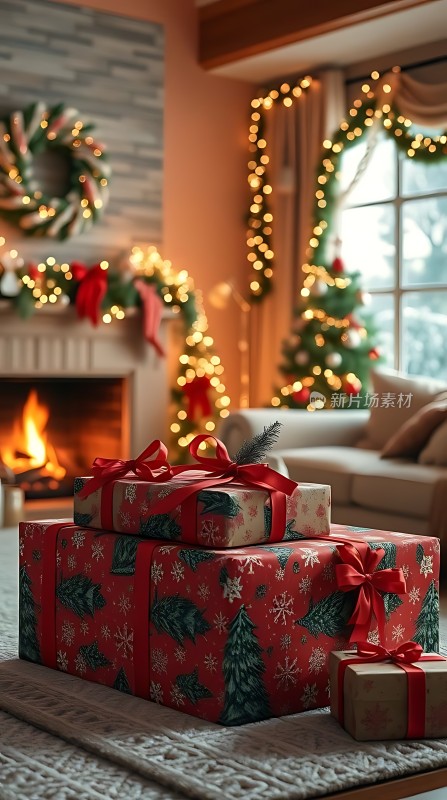 温馨圣诞礼物火炉旁的节日祝福