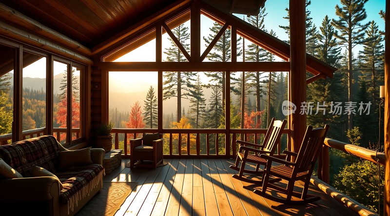 阳光下的木屋休闲时光