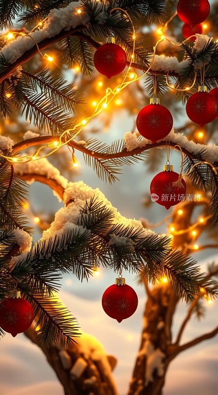 雪夜圣诞树上的红色装饰球和黄色灯光