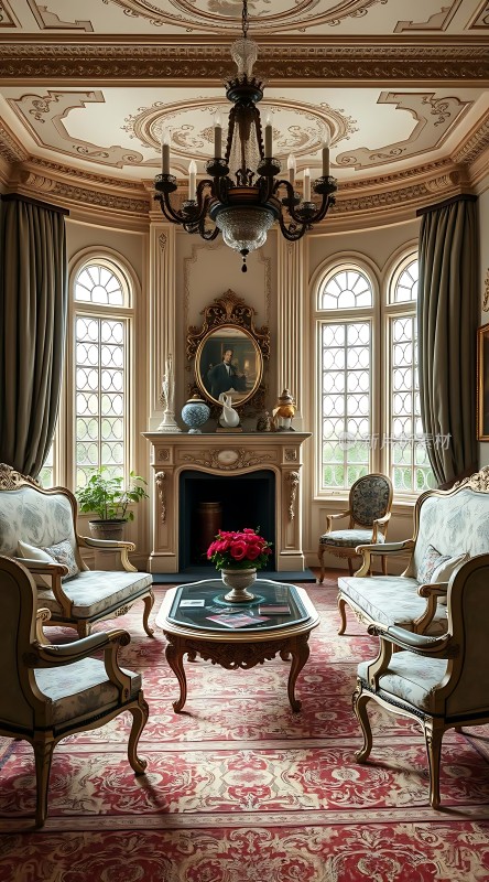 豪华客厅古典优雅精美吊灯华丽壁炉精致家具温馨氛围
