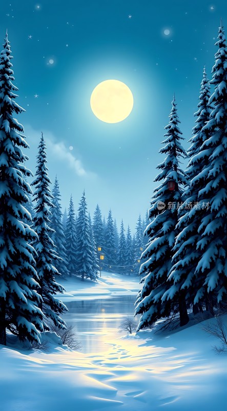 雪夜月下静谧森林