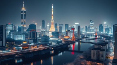 上海夜景黄浦江畔繁华都市