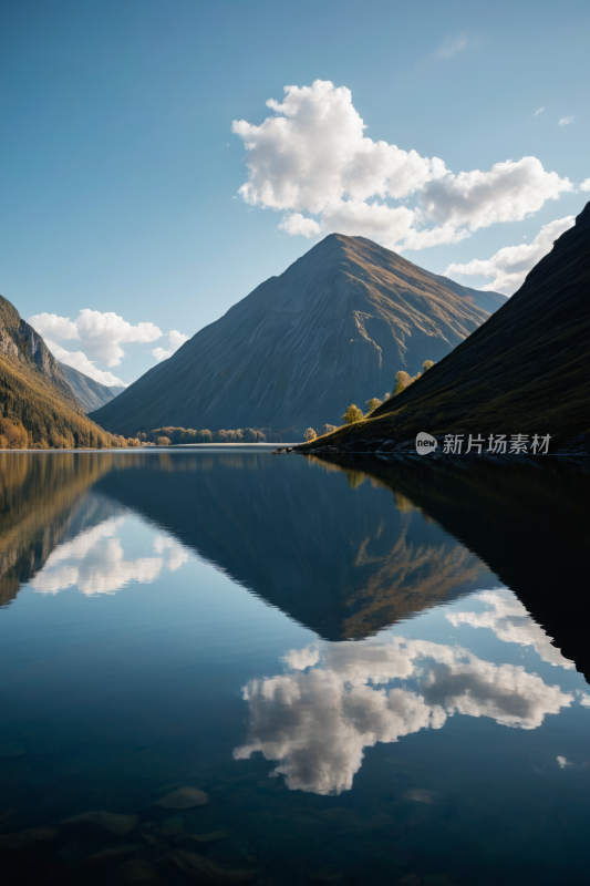 山倒映在蓝天云雾的湖泊中高清风景图片