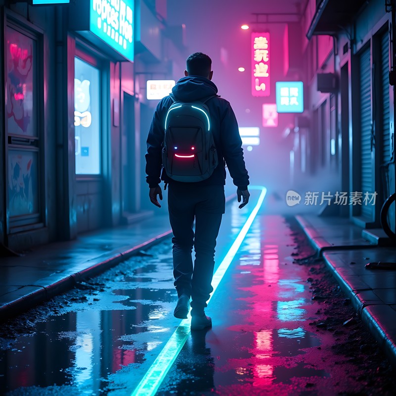 霓虹夜行孤独身影漫步在光影交错的城市街头