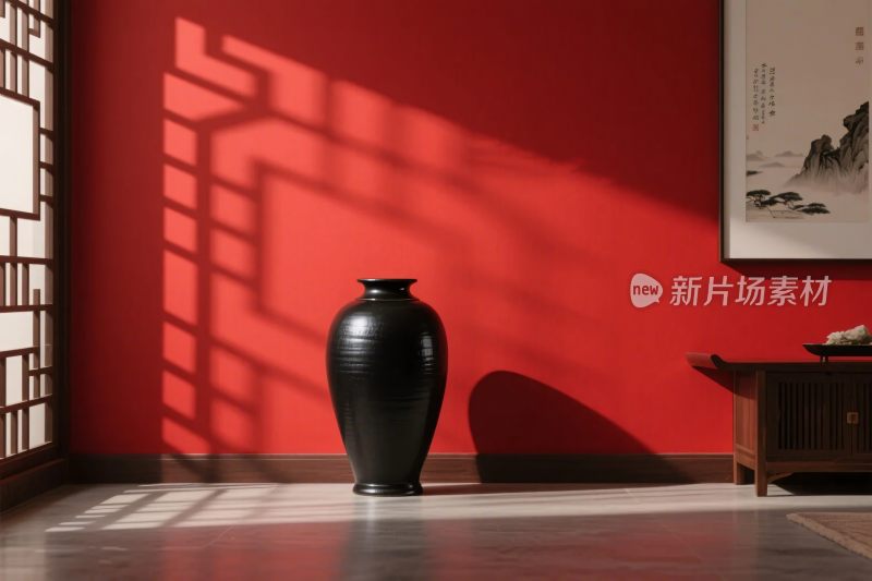 中式室内花瓶与红色墙面