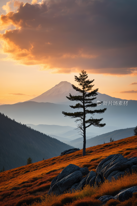 山脉草山上一棵孤树高清风景图片