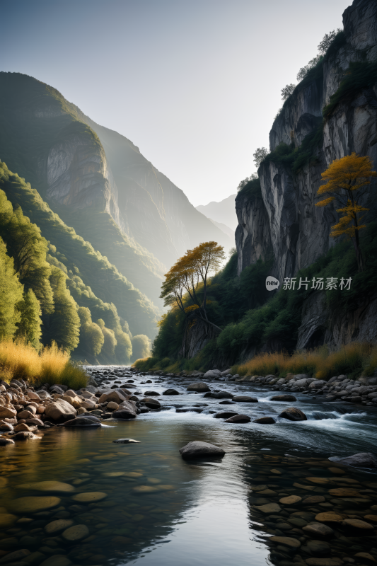 一条河流流经山谷高山清风景图片