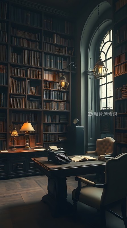 古色古香的书房书架、台灯和打字机