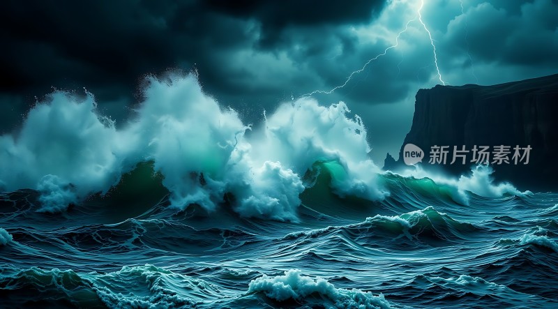 狂风暴雨中的海浪与闪电