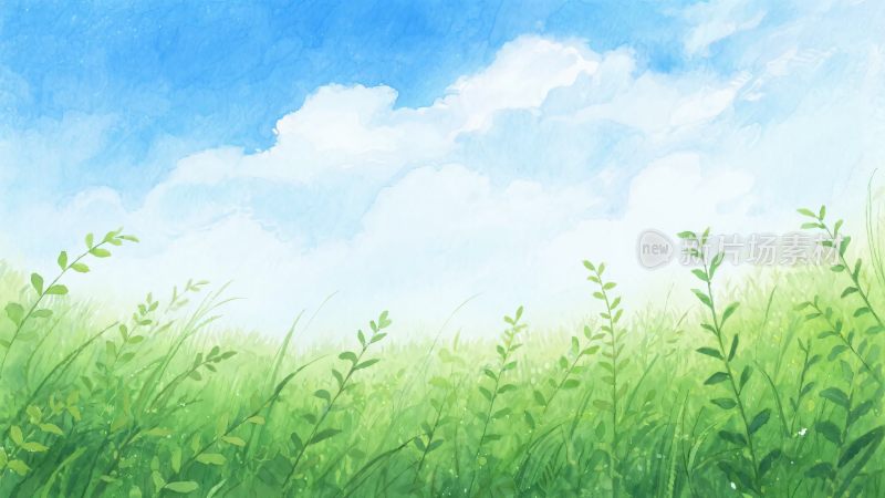 蓝天白云下的绿色草地