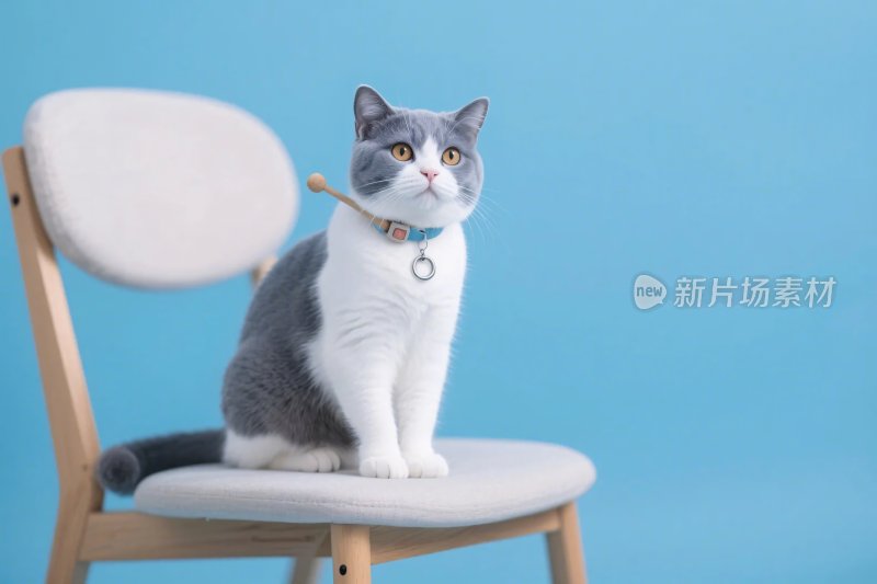 灰白猫咪坐椅子照片