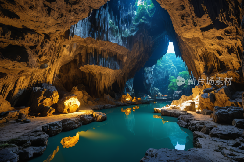 一个洞穴里面一池水高清风景图片