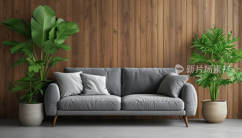 温馨灰色沙发配绿植