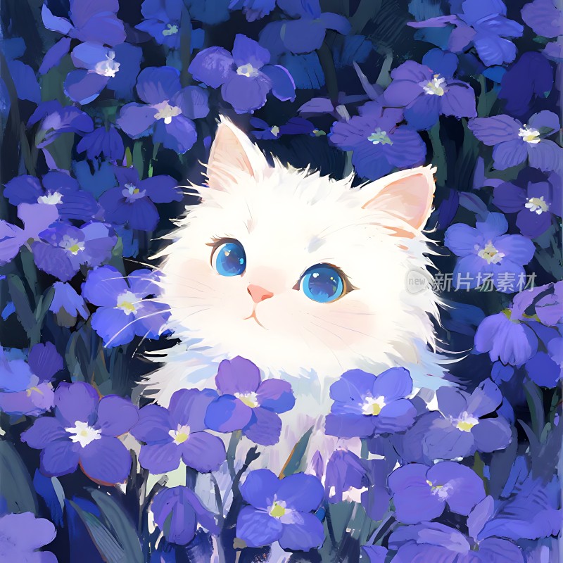 白猫蓝眼花丛中