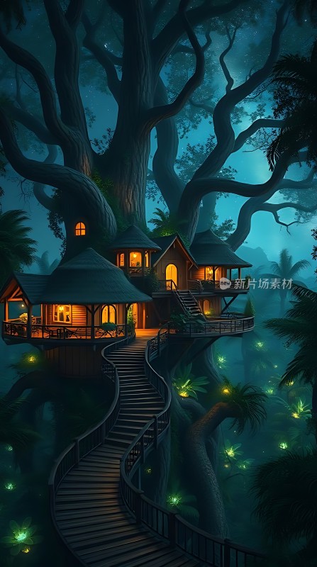 树屋秘境夜幕下的梦幻家园
