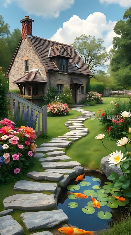 石板小径通向美丽花园中的温馨小屋