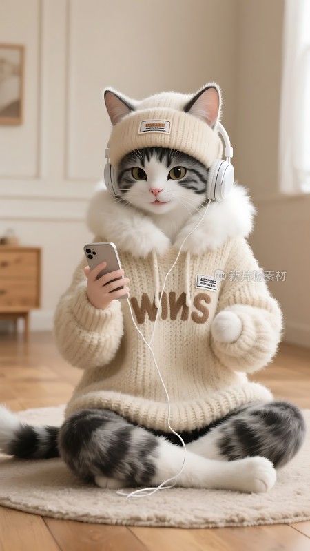 猫咪戴耳机听音乐