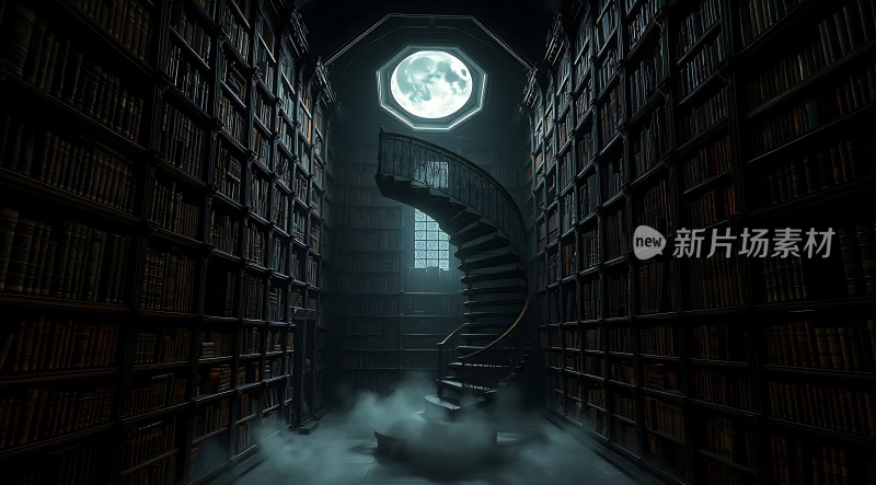 神秘图书馆月光下的螺旋楼梯