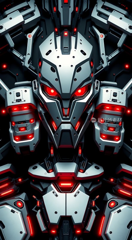 银色机甲战士红色眼睛发光未来科技感十足