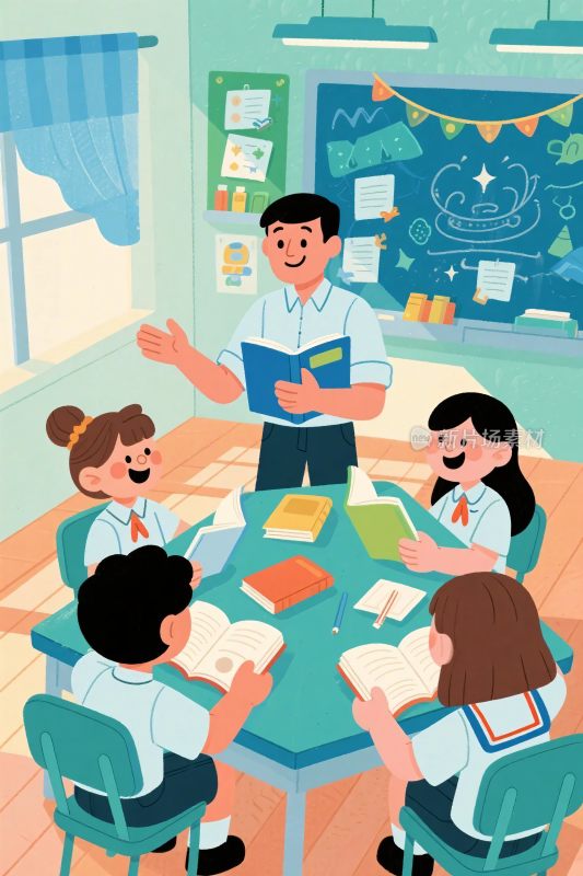教室插画学生互动