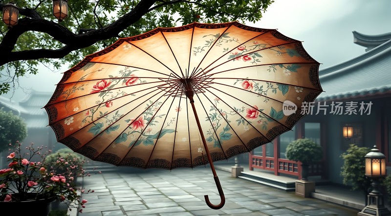 古风油纸伞下的诗意庭院
