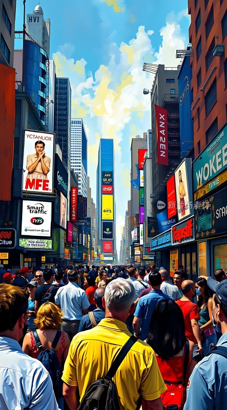 繁华都市街头人群熙攘广告牌林立色彩斑斓